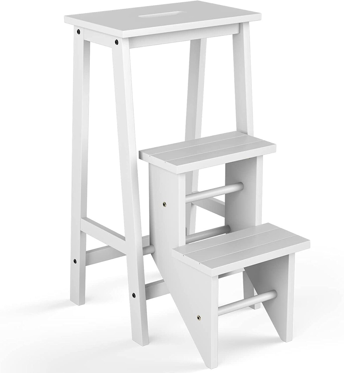 3-in-1 Rubber Wood 3 Tier Folding Step Stool Ladder Storage Shelf